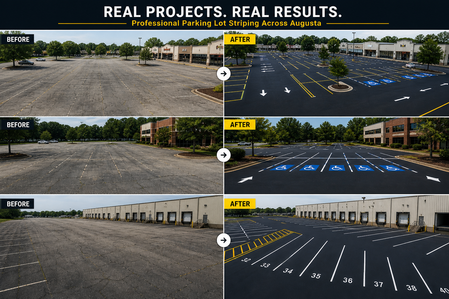 Before and after parking lot striping Augusta GA - retail plaza, ADA handicap spaces, and warehouse striping projects